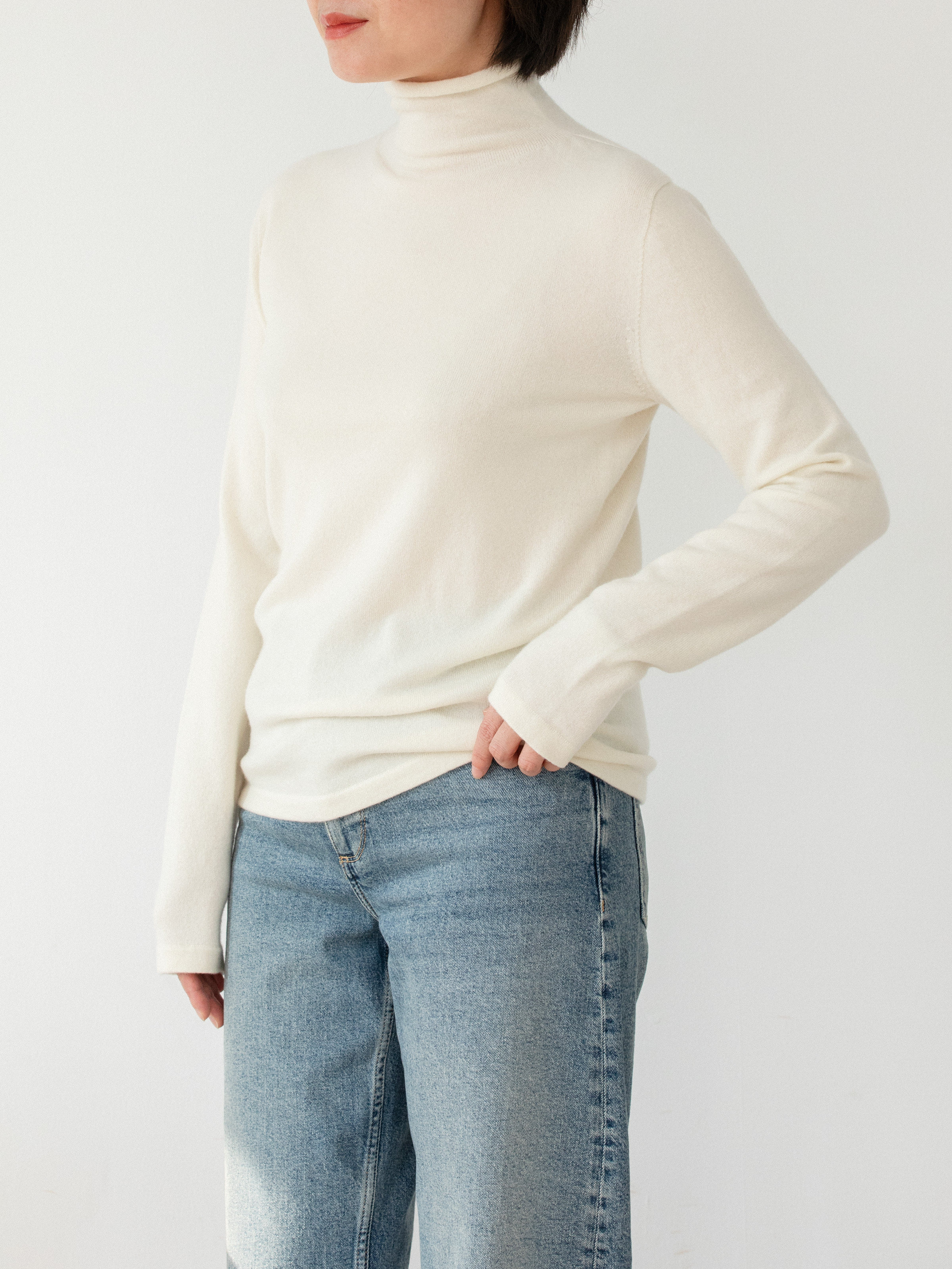 女岛精一体15针baby卷边高领长袖套头衫