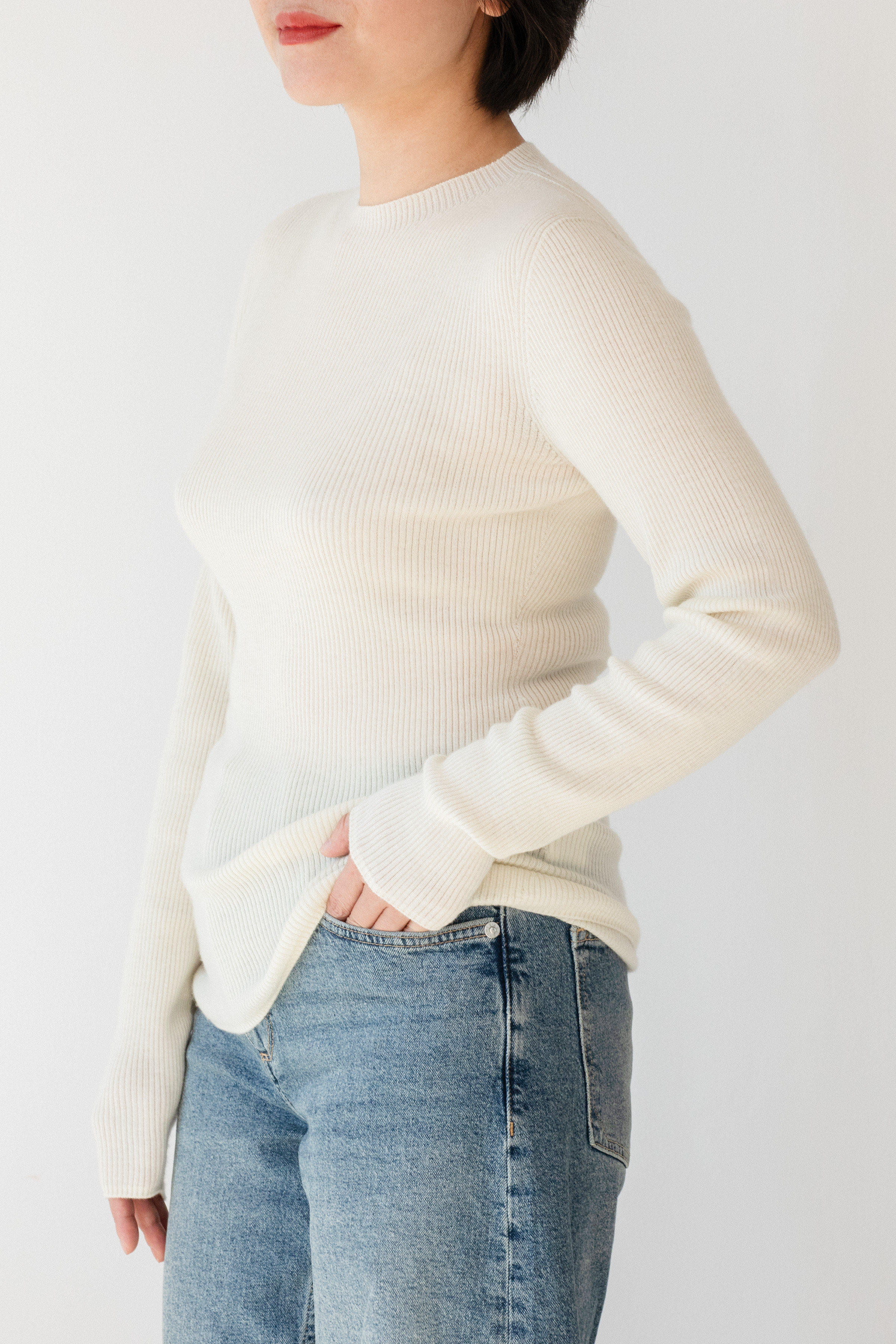 女款岛精一体罗纹修身圆领长袖套头衫