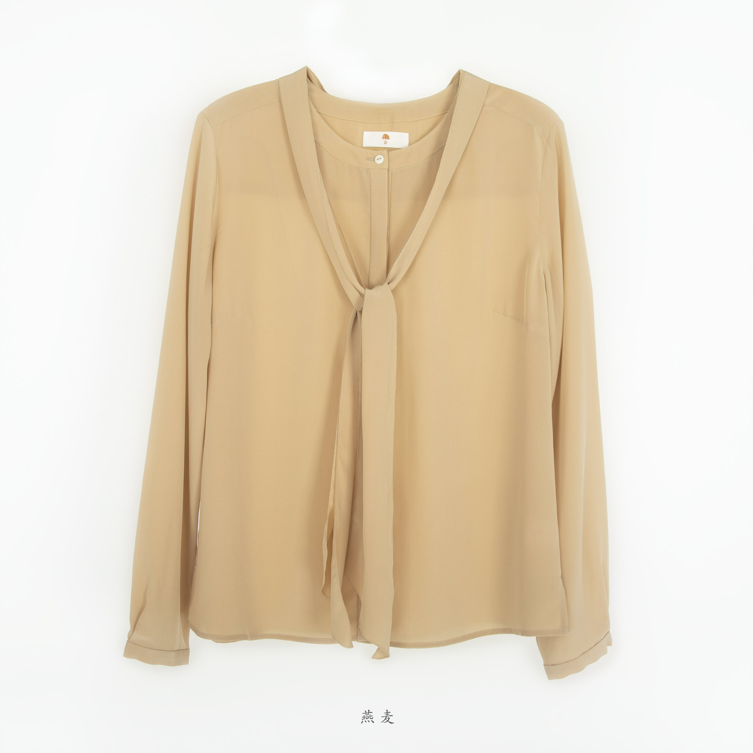 小金象 SILK 100% - 飘逸灵动 女士圆领飘带桑蚕真丝双绉长袖衬衣