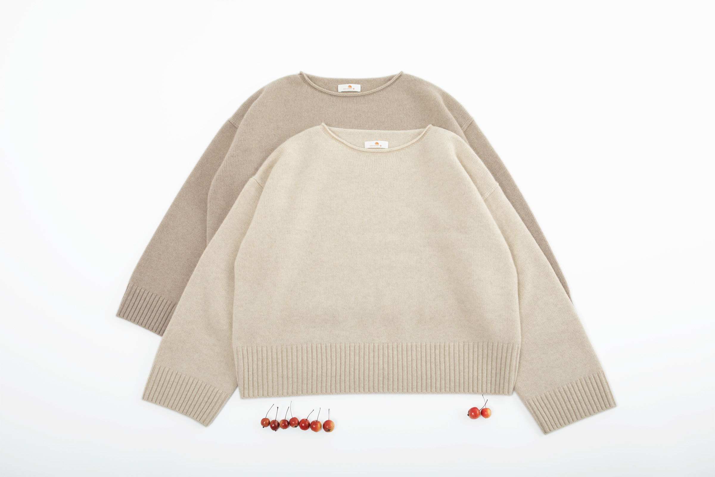 小金象 - 山羊绒100% -女5针自然卷边一字领落肩袖廓形短款套头衫