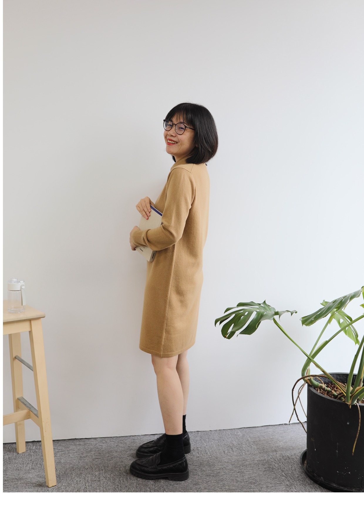 小金象 山羊绒100%-女12针薄款Polo领套头中长款长袖连衣裙康赛妮