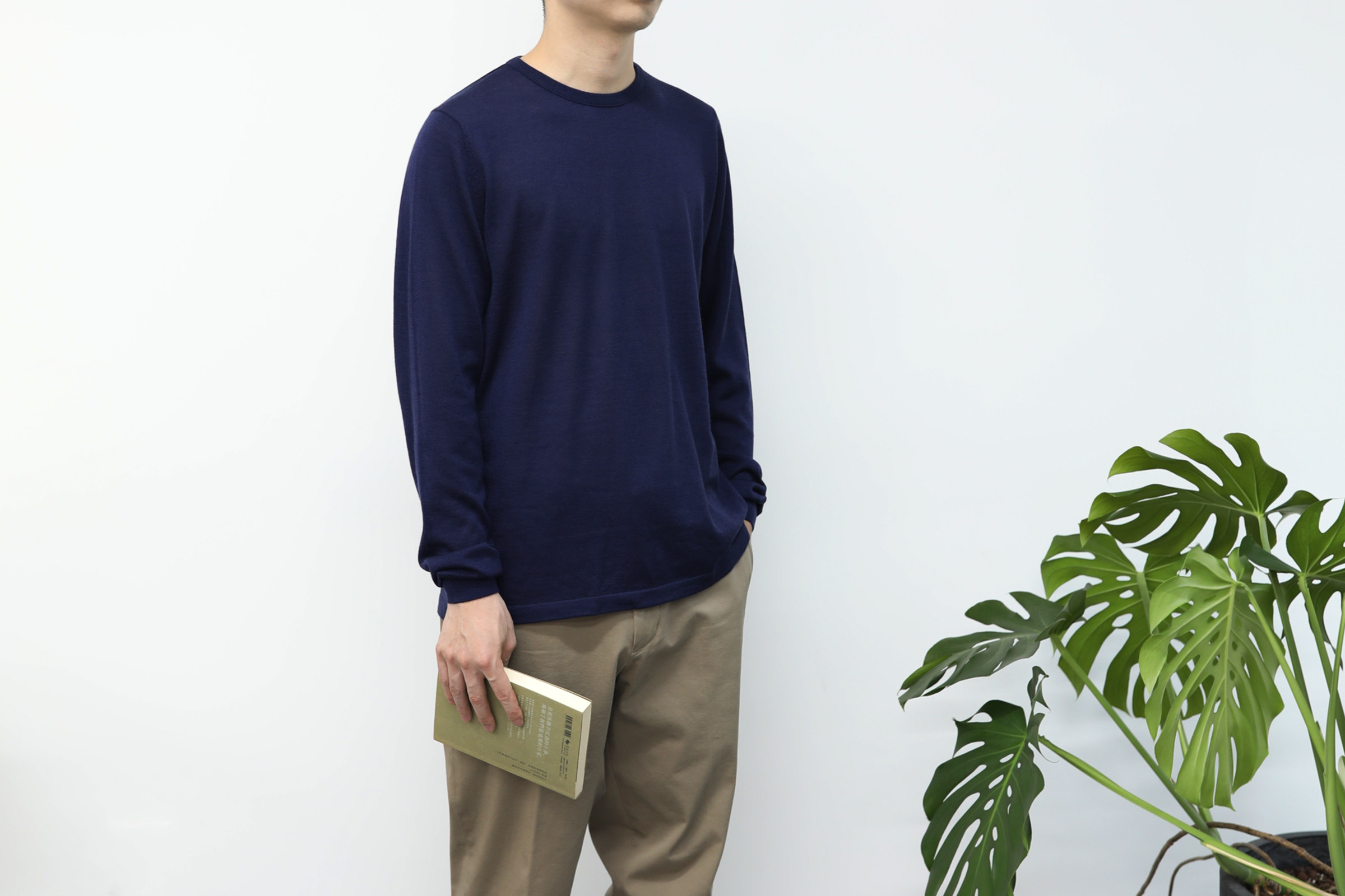 小金象 山羊绒70% 真丝30% -男春秋超薄简约小圆领宽松长袖套头衫