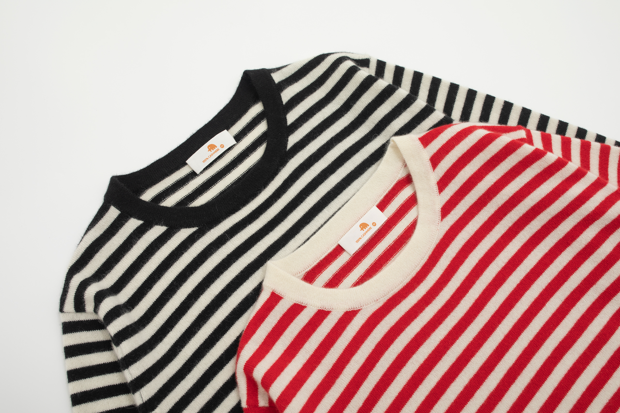 小金象-BABY CASHMERE 100%-女12针小山羊绒经典小圆领条纹套头衫