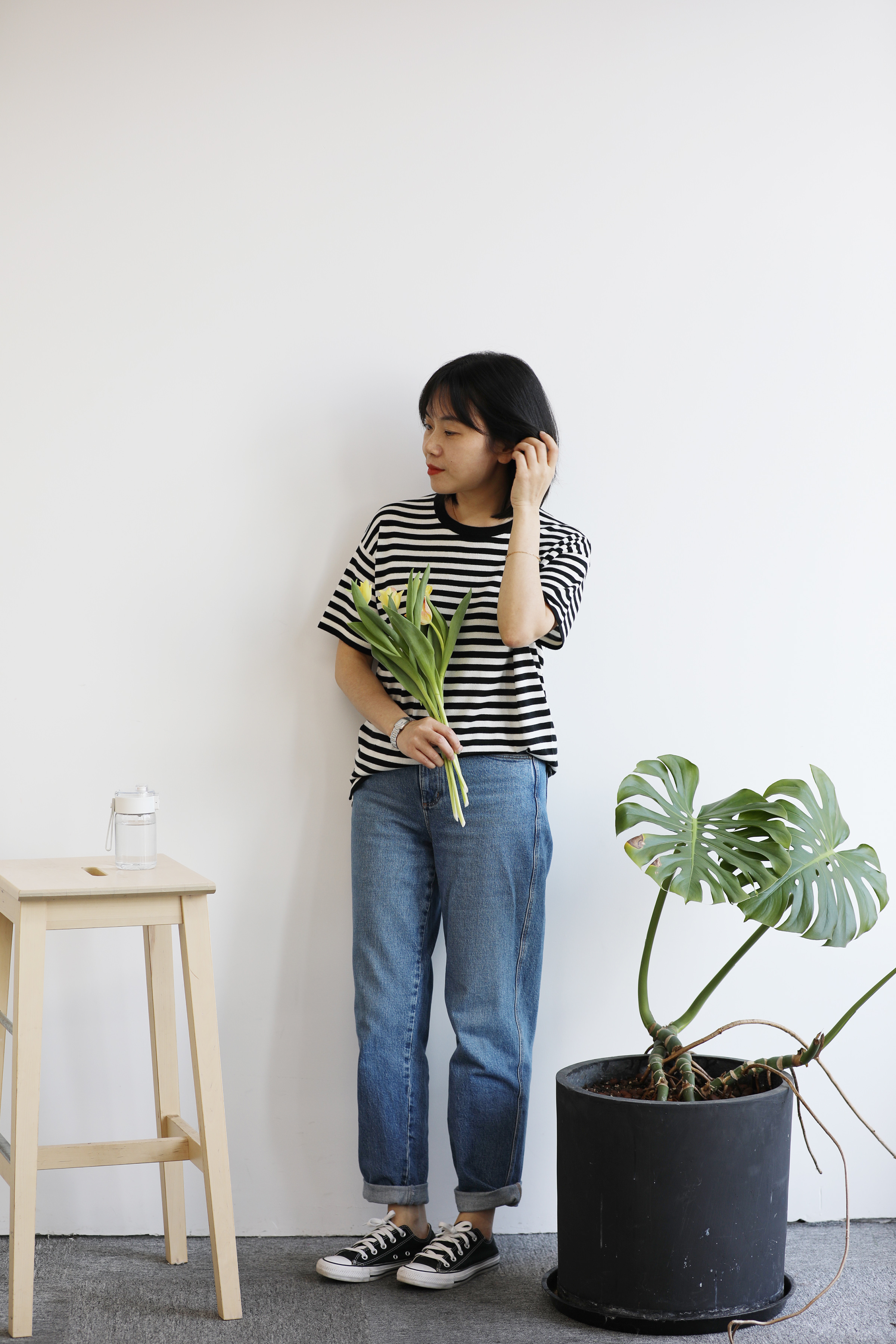 小金象 真丝85% 山羊绒15% -春夏宽松落肩短袖小圆领针织条纹衫