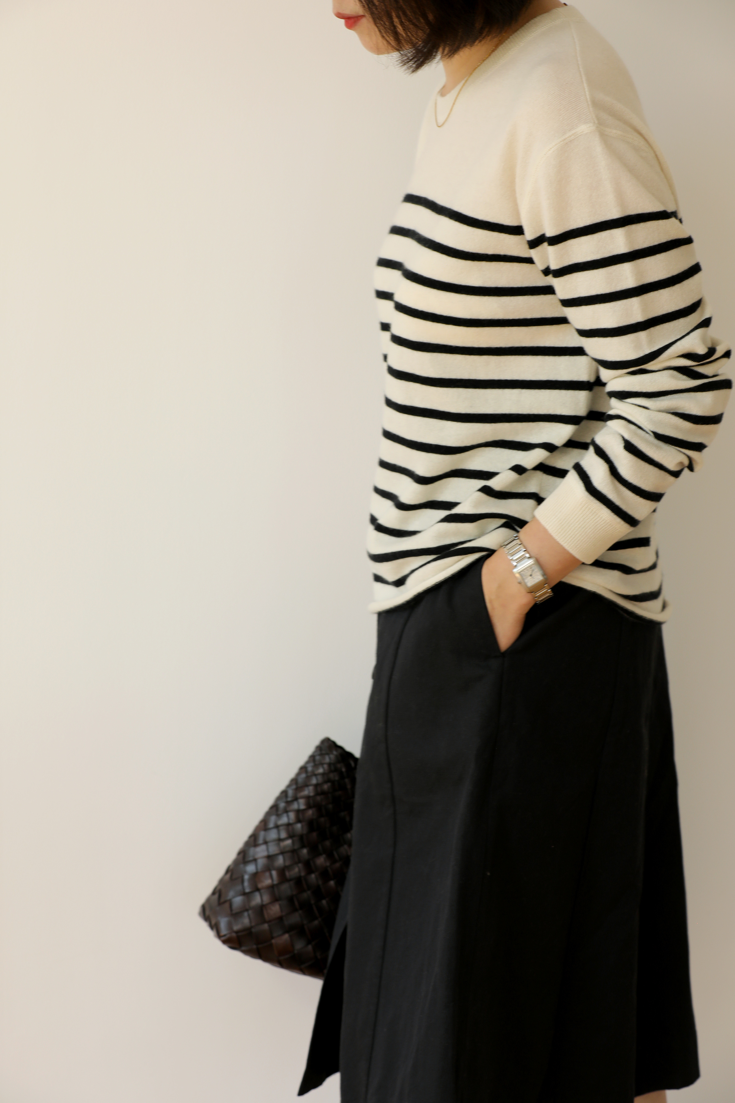 小金象 山羊绒100% 女14针36支薄款圆领微落肩宽松长袖条纹套头衫