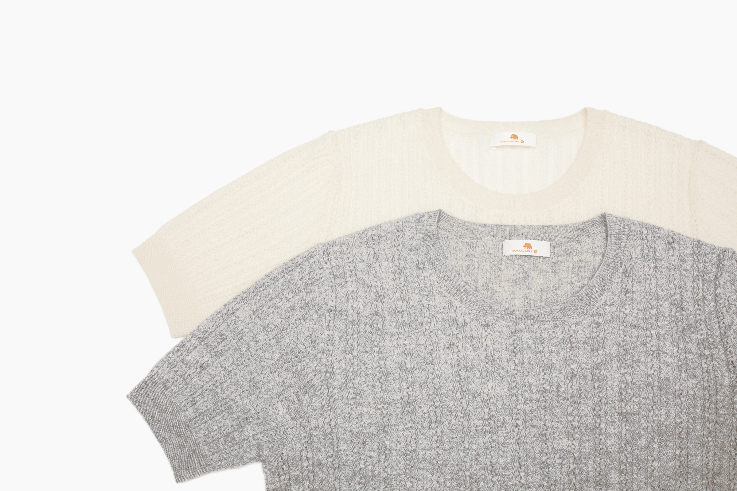 小金象 CASHMERE 100% 女2/36支轻薄镂空麻花小圆领宽松短袖套头