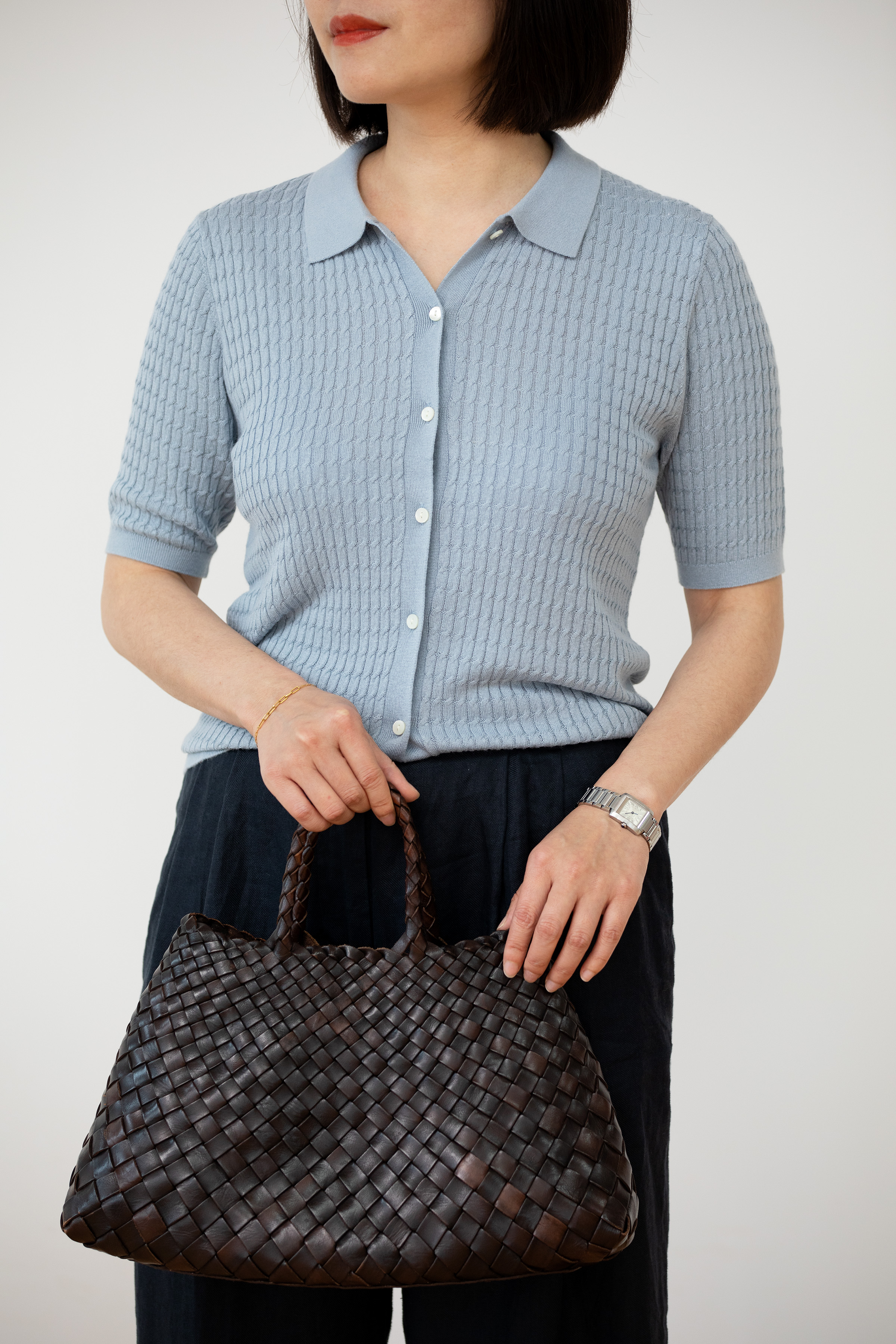 小金象 真丝85% 山羊绒15% 春夏复古通勤麻花翻领Polo领短袖开衫