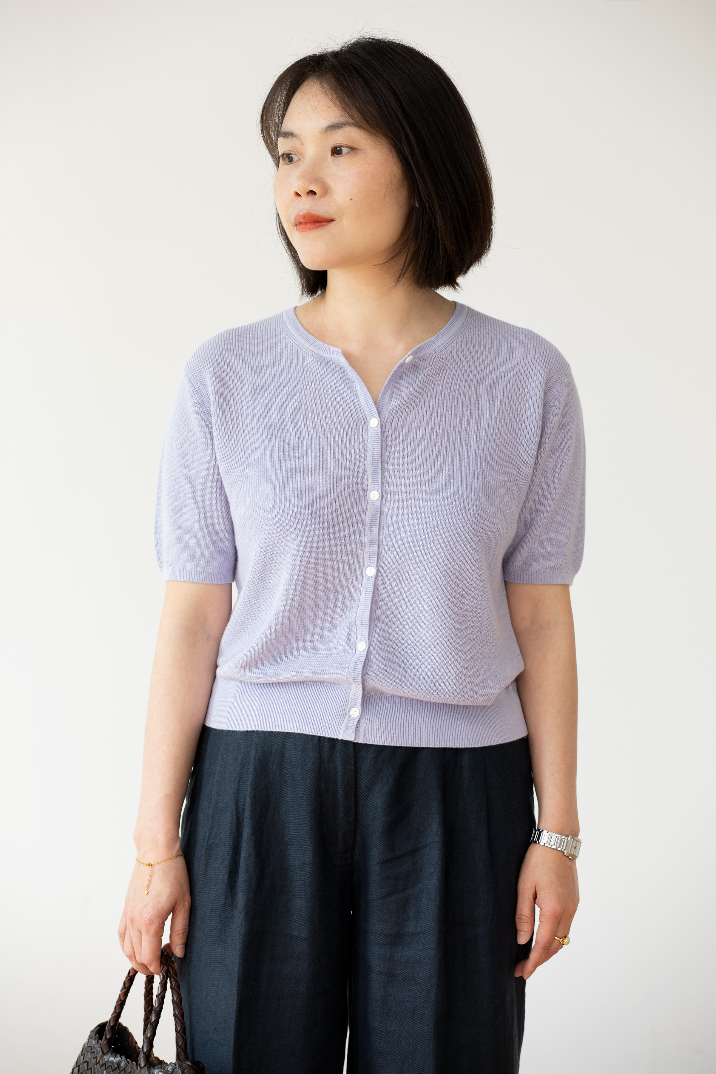 小金象 真丝85% 山羊绒15% 自在之美春夏元宝针宽松圆领短袖开衫