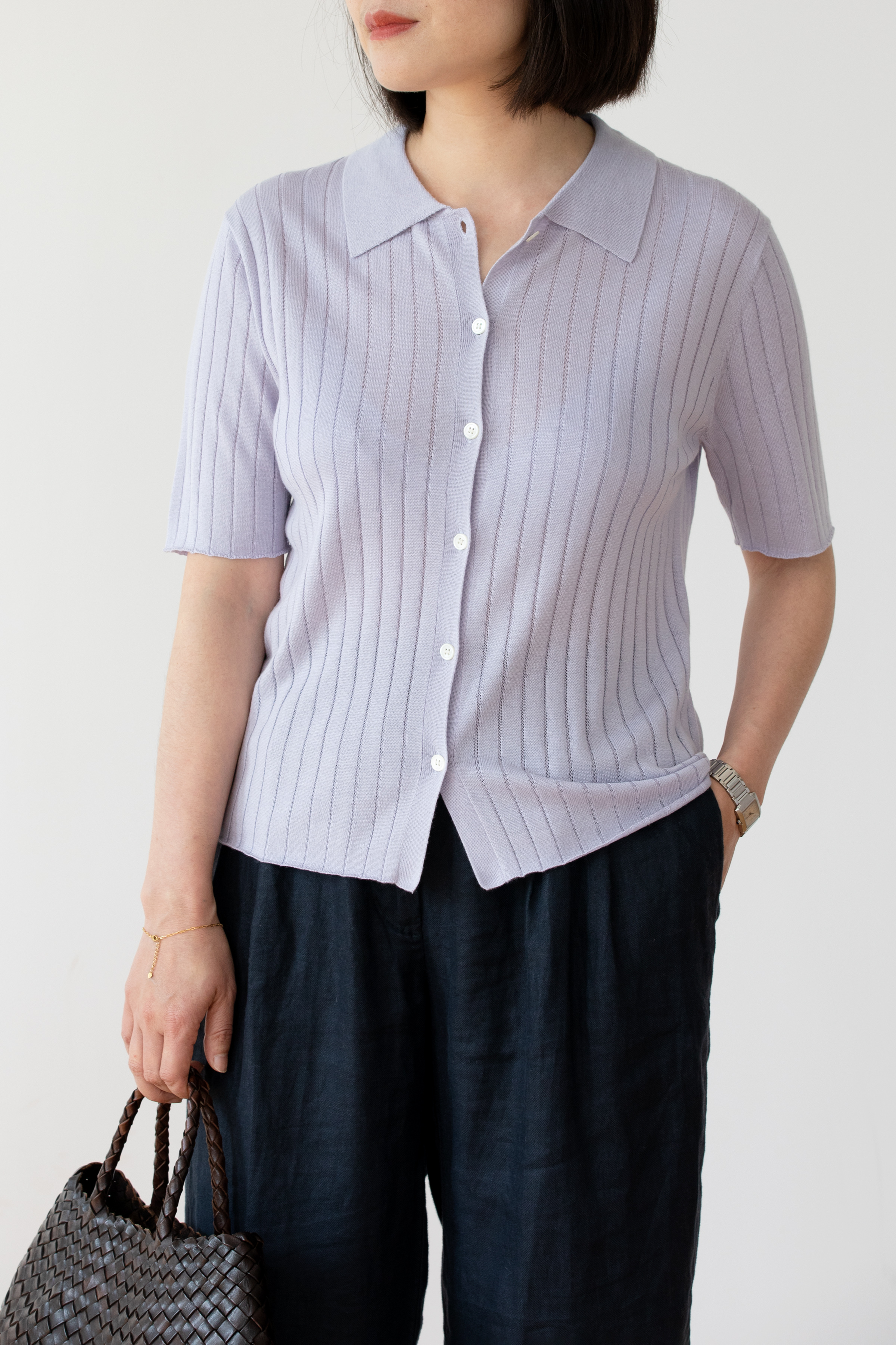 小金象 真丝85%山羊绒15% 春秋轻薄坑条针织短袖衬衫日常通勤