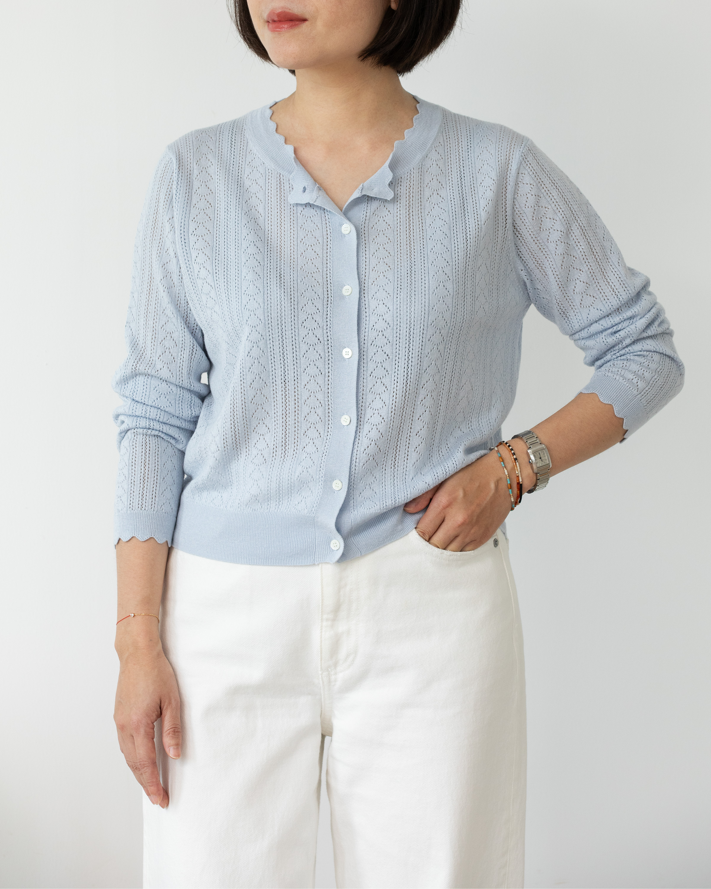 小金象 真丝85%山羊绒15% 女春夏轻薄镂空圆领长袖度假空调开衫