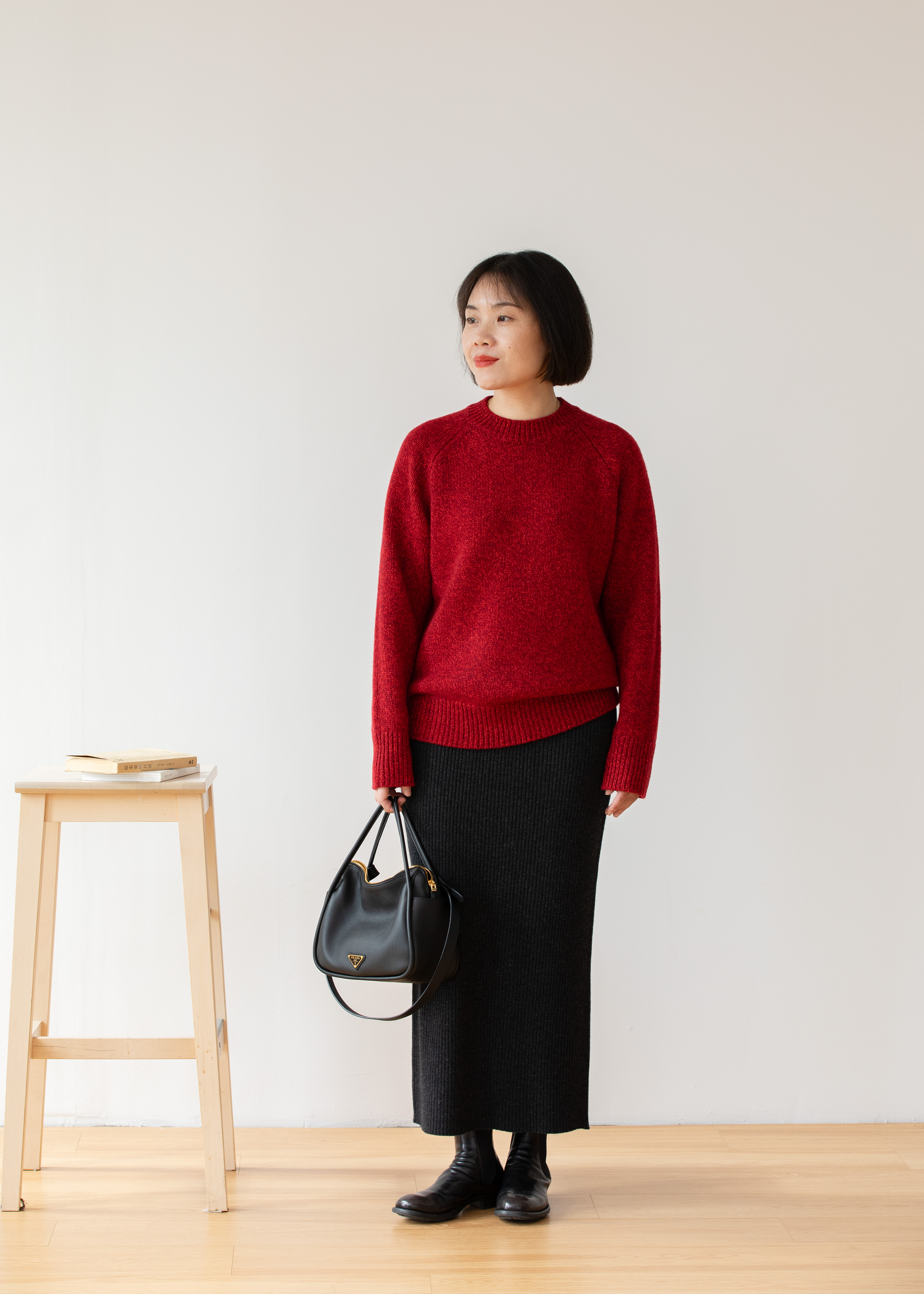 小金象山羊绒100%女秋冬36支中厚通勤修身针织罗纹后开衩半裙长裙