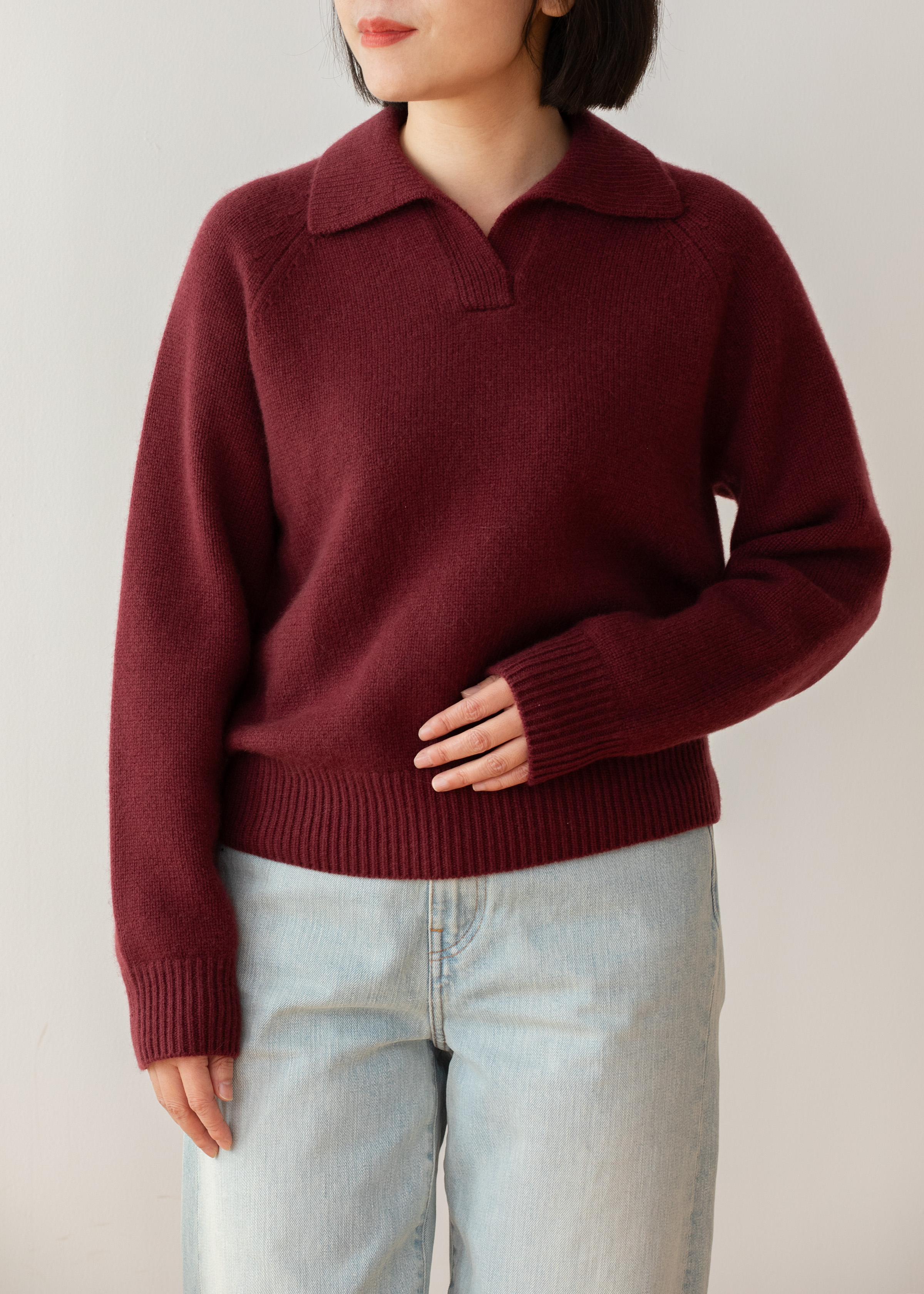 小金象 山羊绒100% 女5针4根纱加厚通勤半开Polo领插肩长袖套头衫