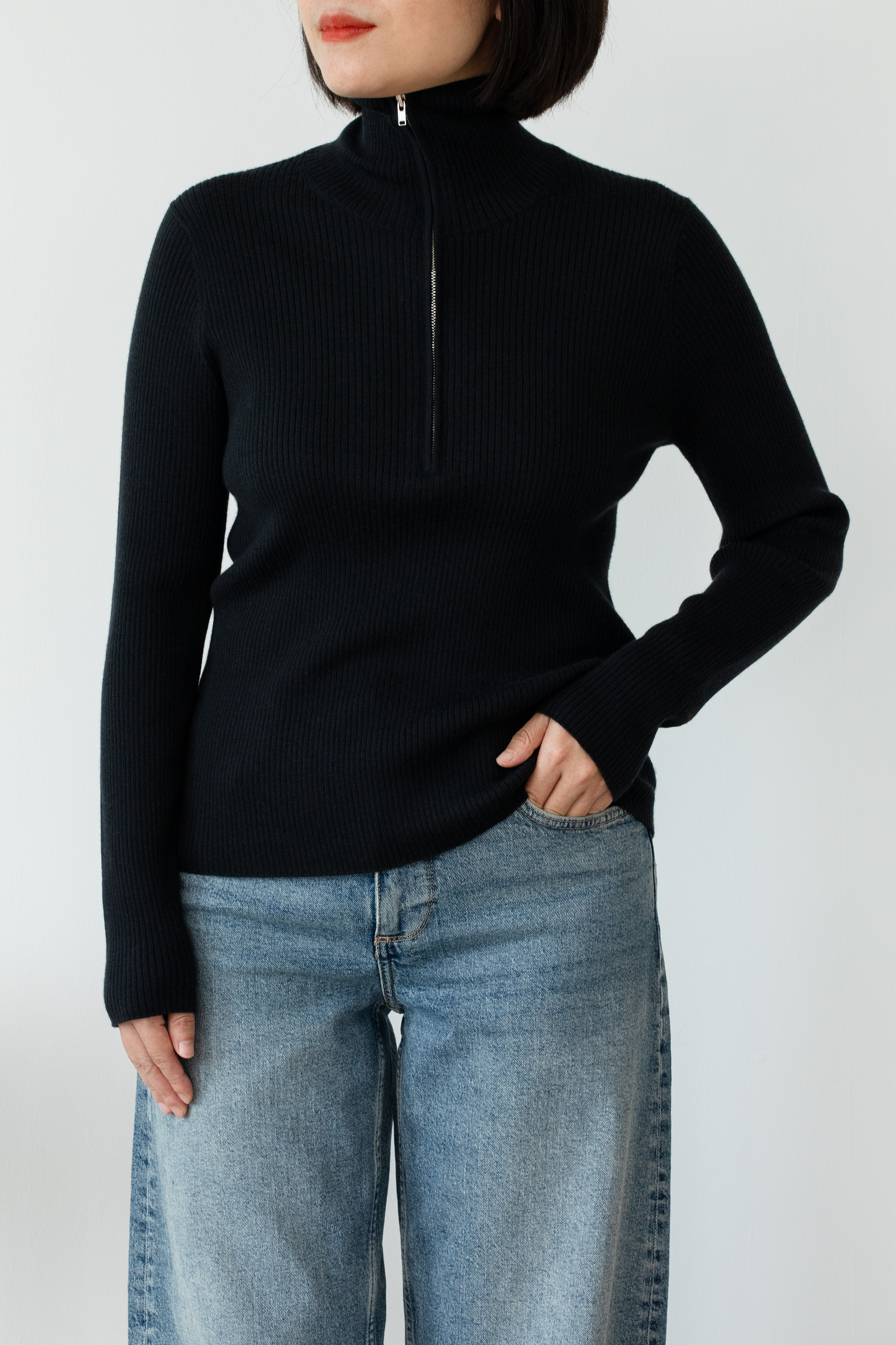 小金象山羊绒100%精纺加厚女罗纹高领半开拉链修身收腰长袖套头衫