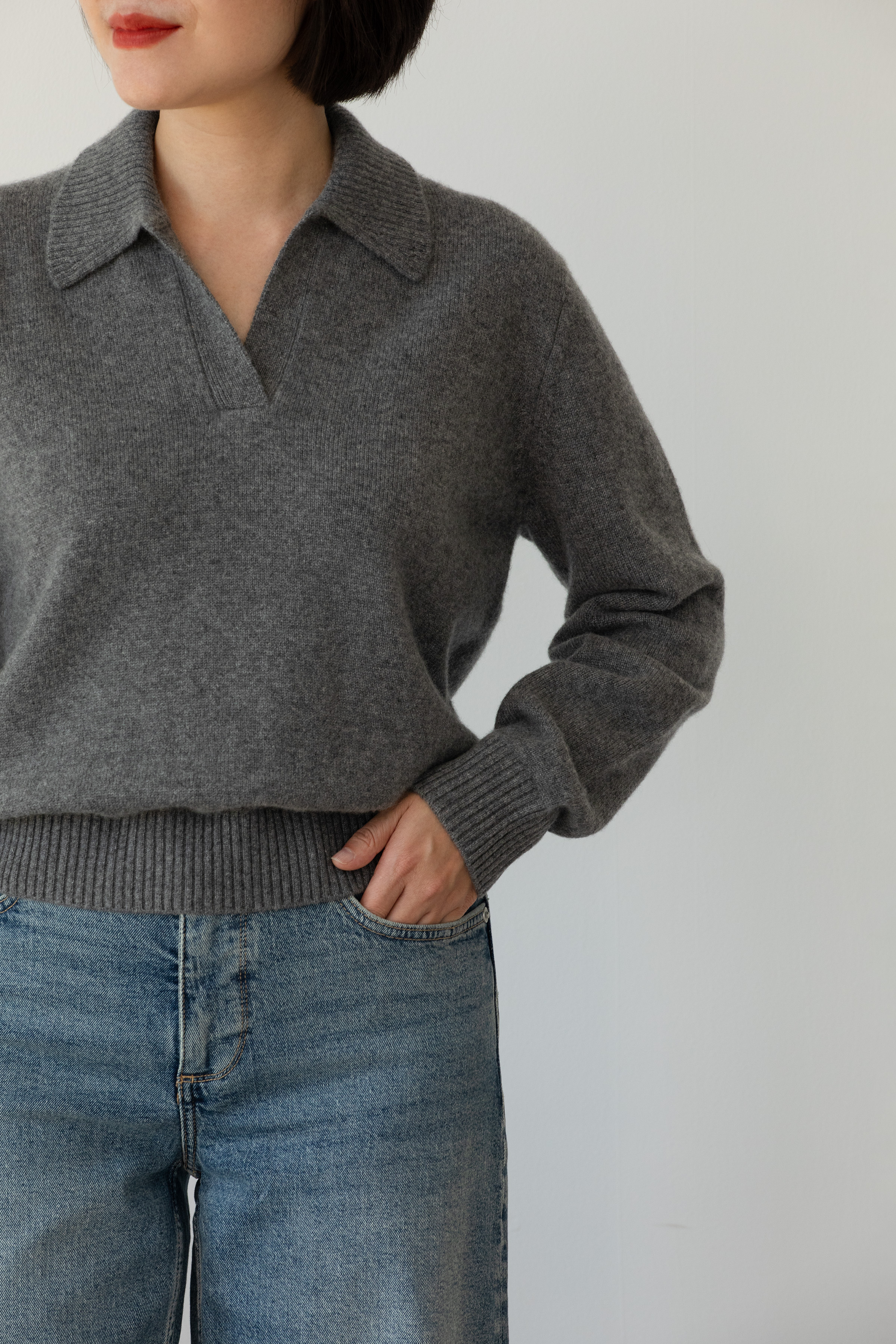 小金象 山羊绒100%女9针加密中厚保暖通勤半开Polo翻领长袖套头衫