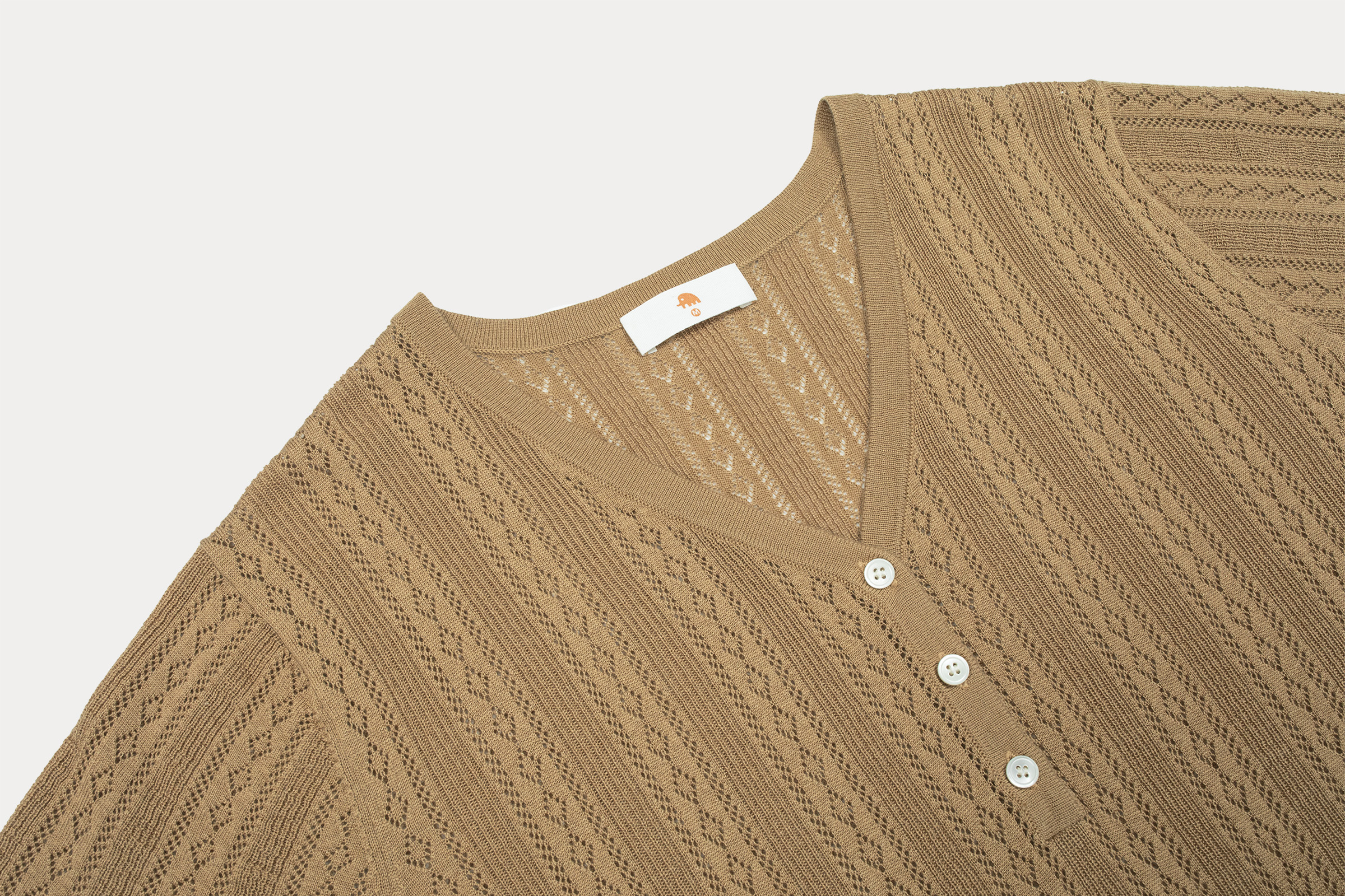 小金象 真丝85%山羊绒15%女春夏轻薄镂空花纹V领亨利领短袖套头衫