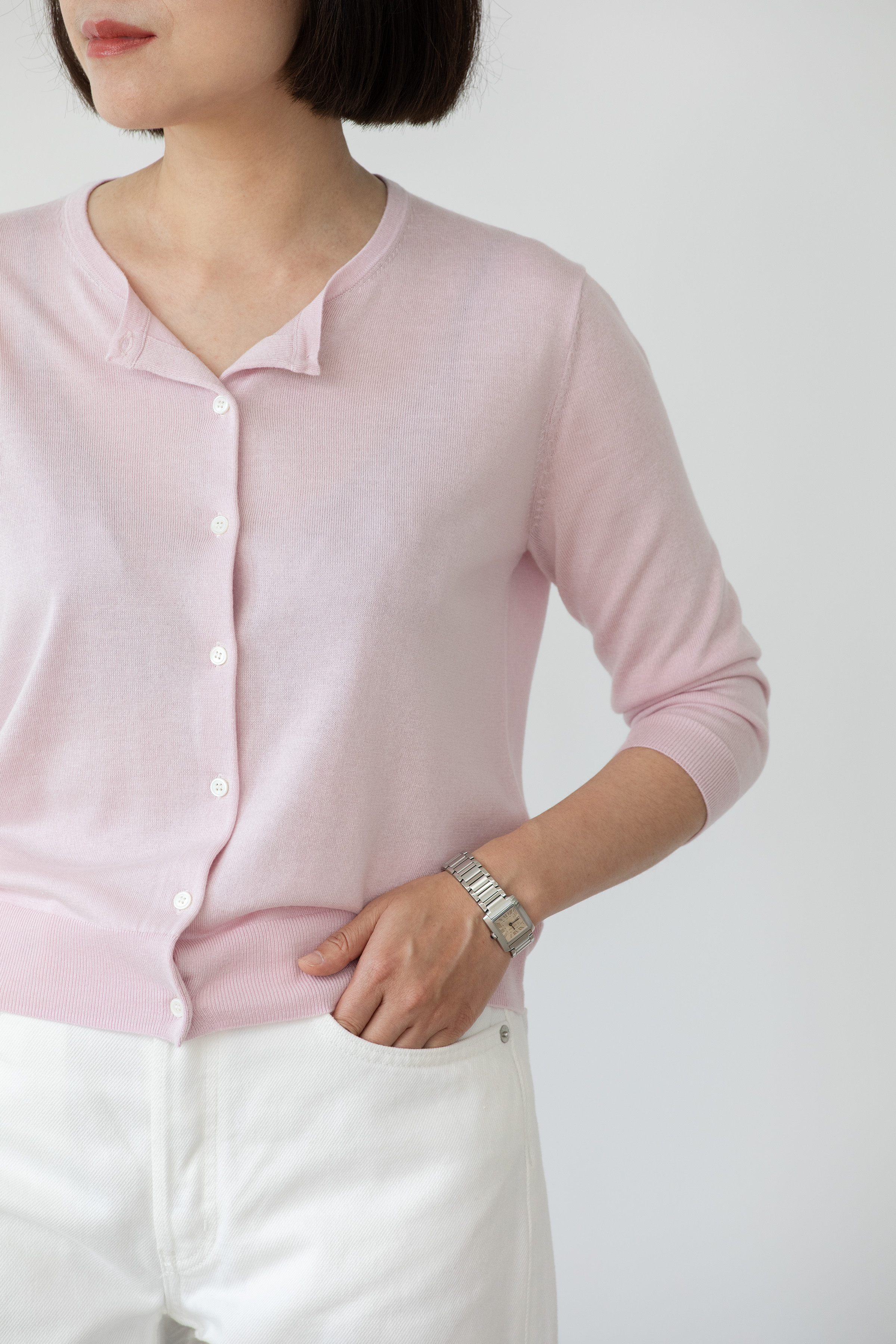 小金象 真丝85%山羊绒15%女春夏轻薄舒适通勤圆领7分袖空调短开衫