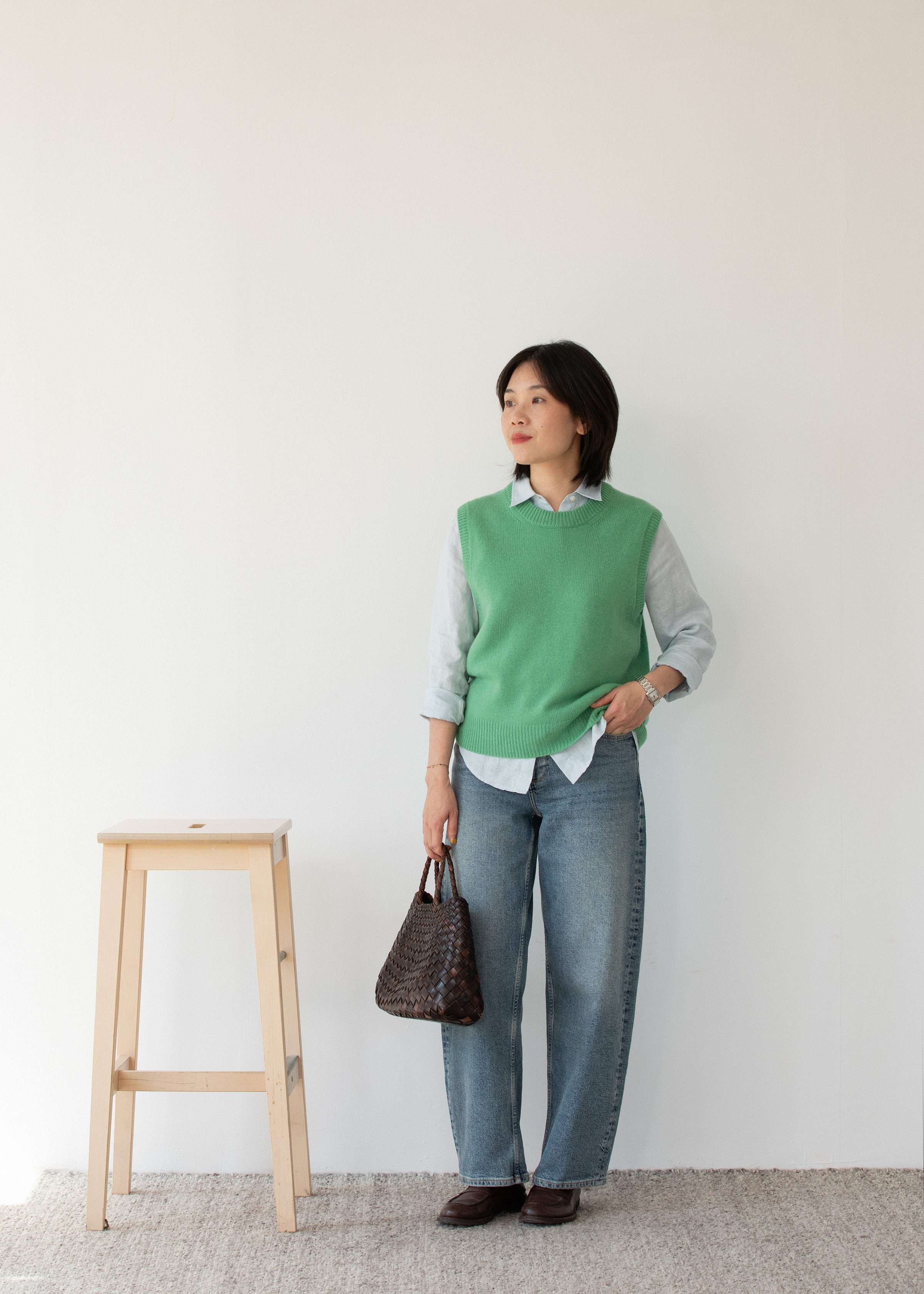 女5针4根水溶羊绒单面平针小圆领背心