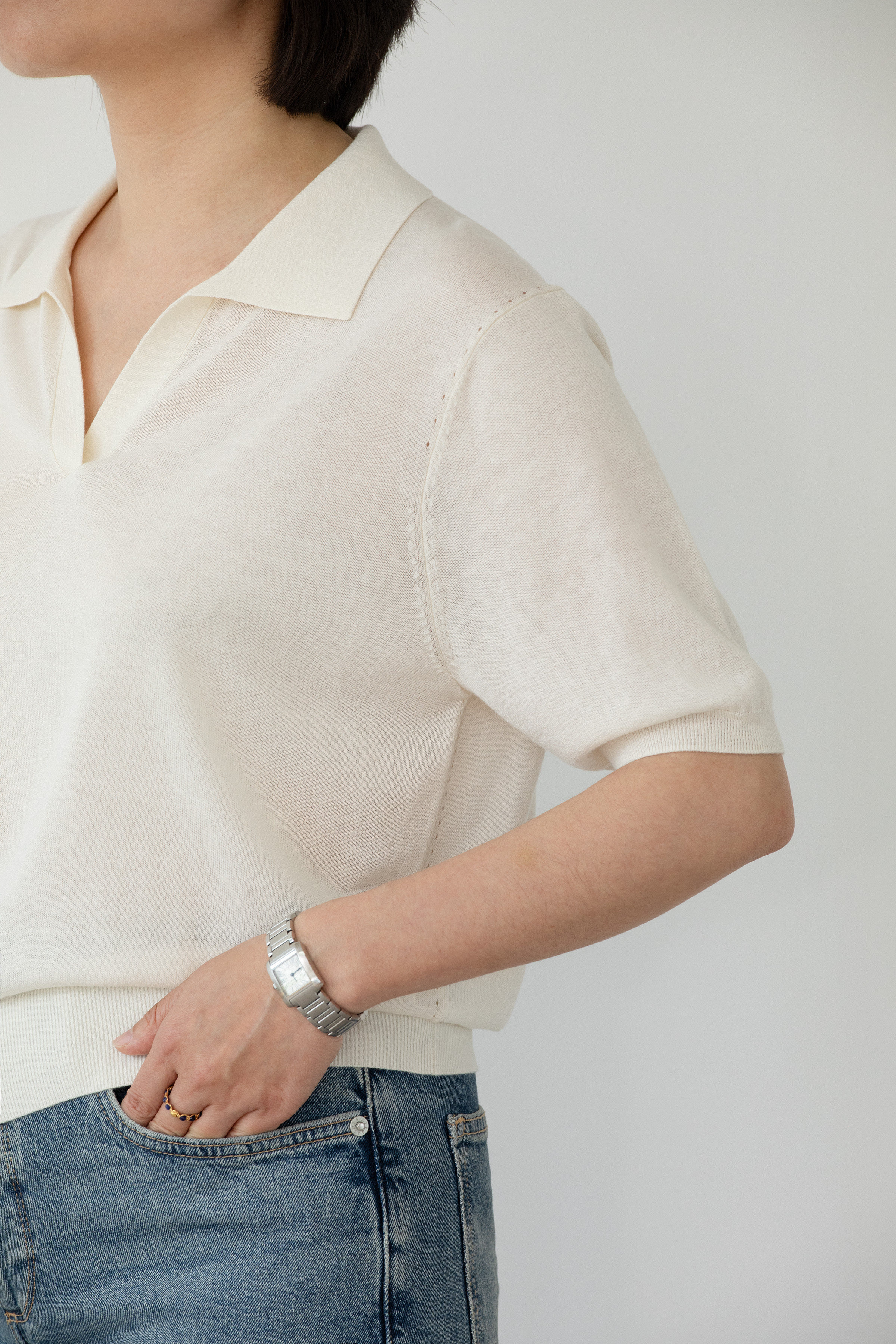 小金象真丝85%山羊绒15%高捻女春夏休闲通勤海鸥领宽松短袖Polo衫