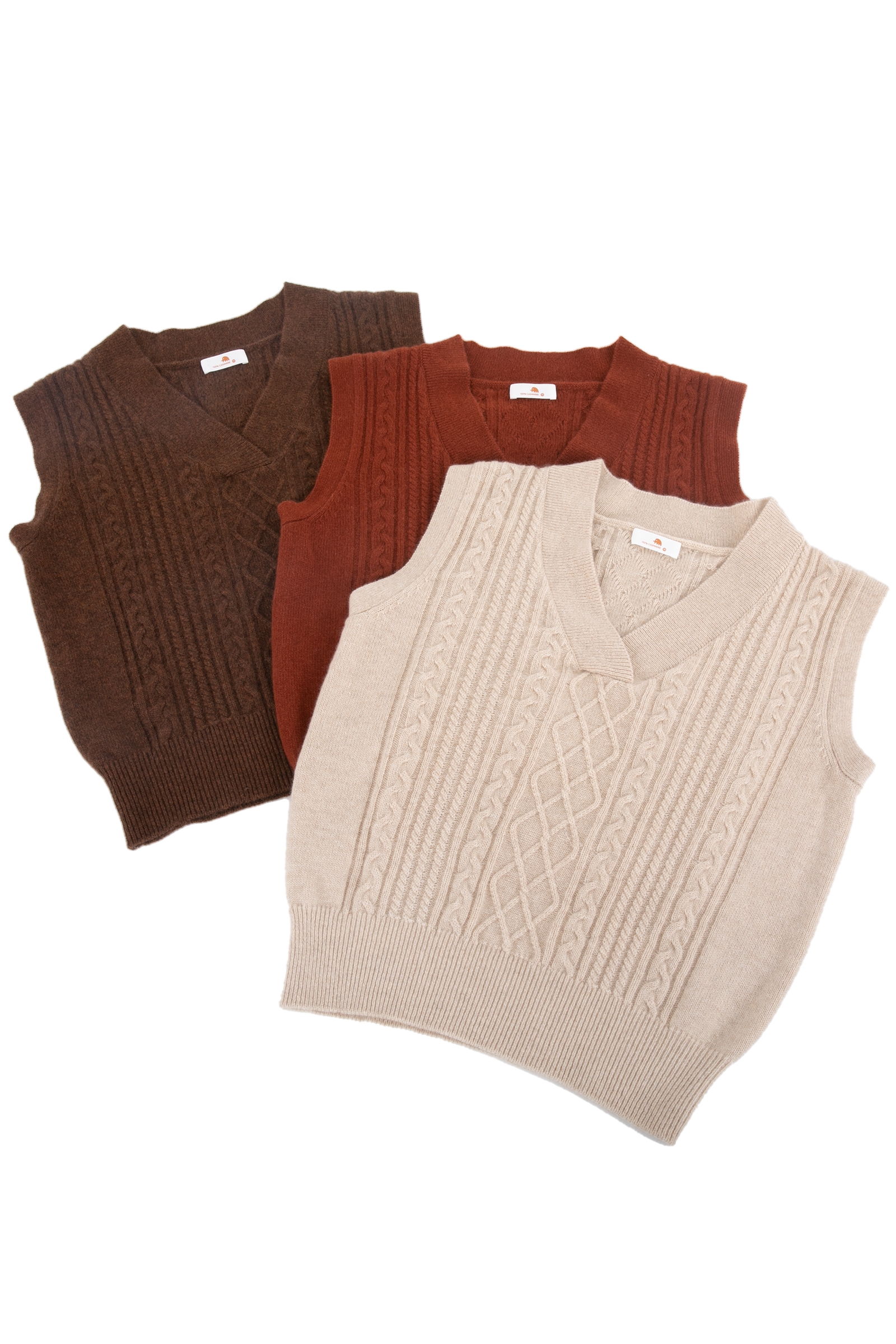 小金象 - 山羊绒100% 女9针中厚V领复古麻花针织背心马甲 康赛妮